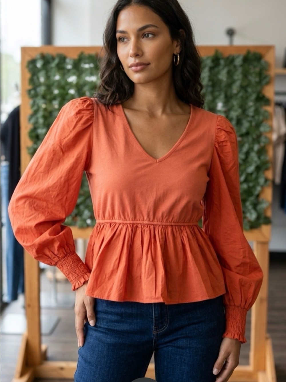 En Saison V-Neck Peplum Blouse in Rust Orange